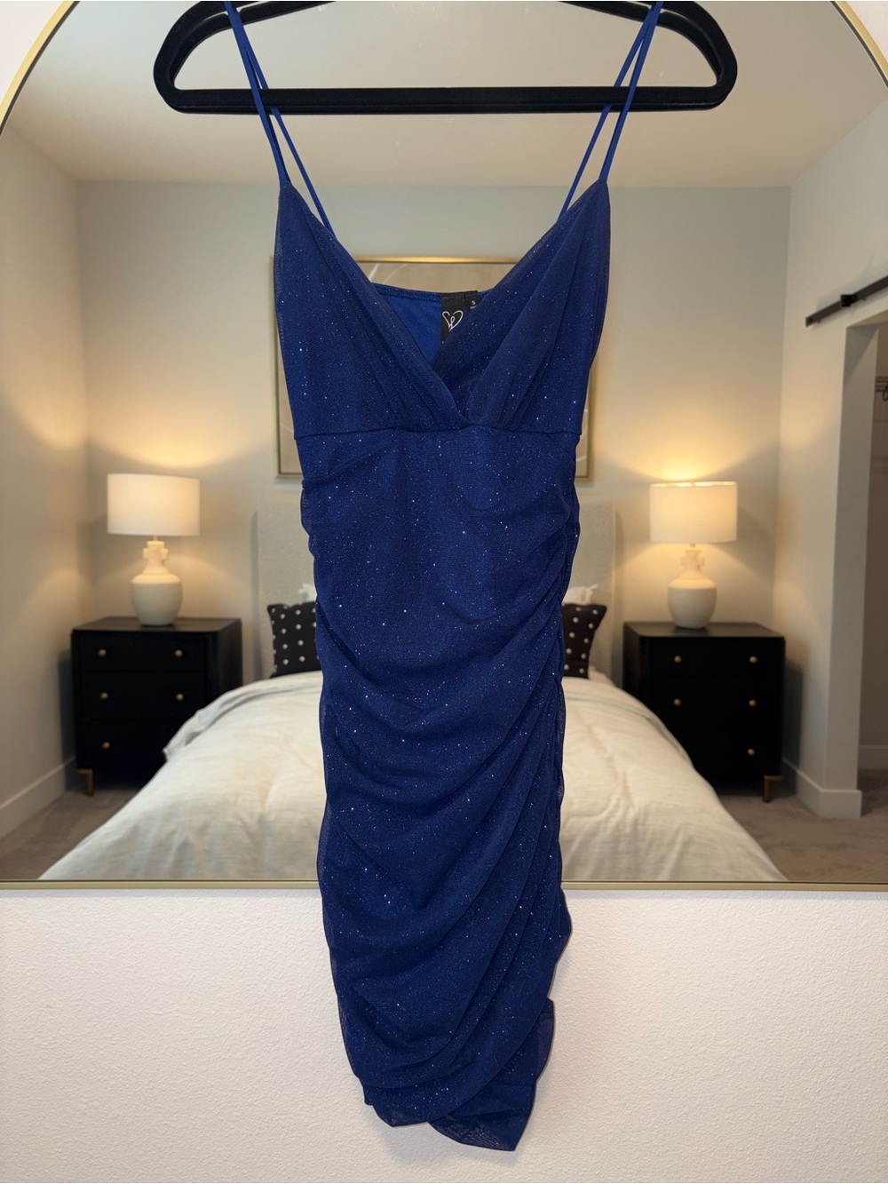 Windsor Sparkle Ruched Navy Blue Spaghetti Strap Mini Dress